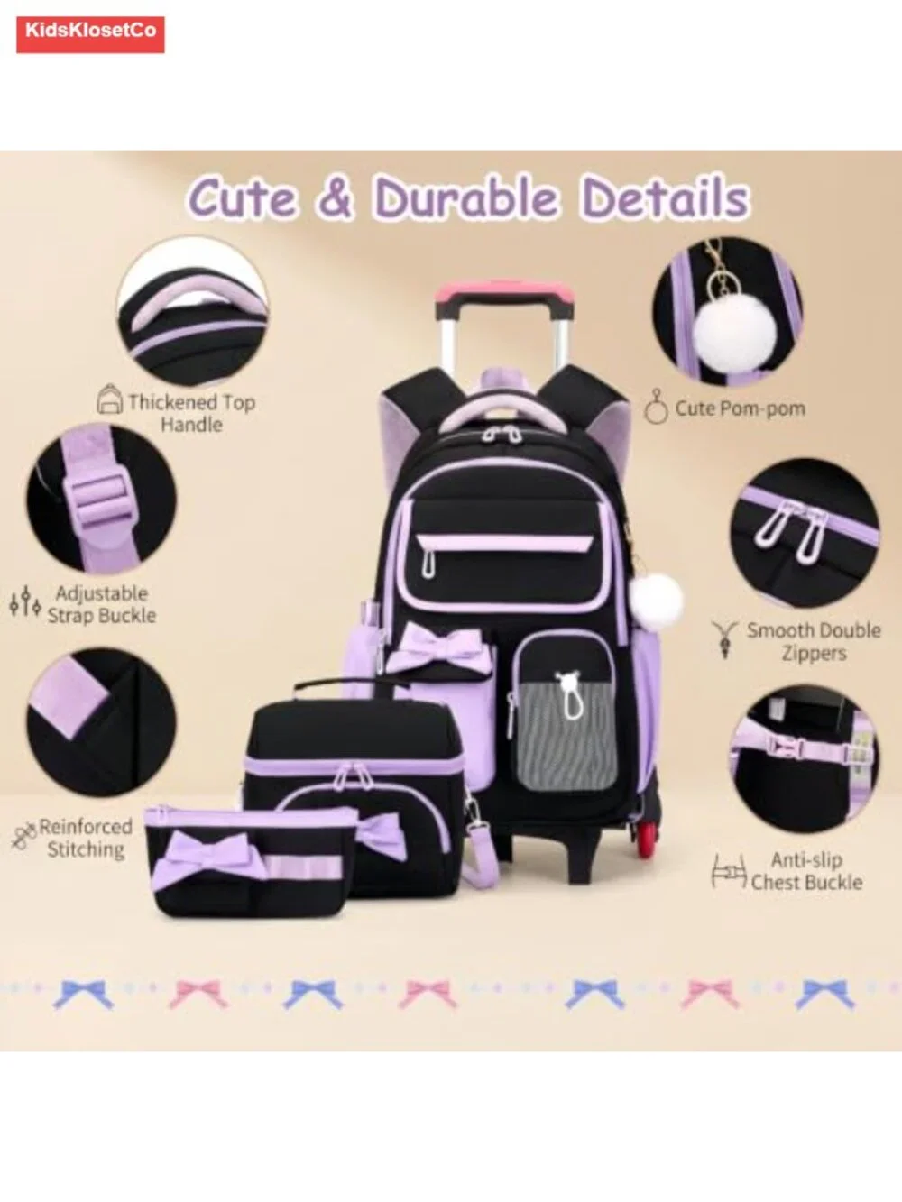 Rolling Backpack for Girls 6 Wheels with Furry Pendant Color-Block Nylon